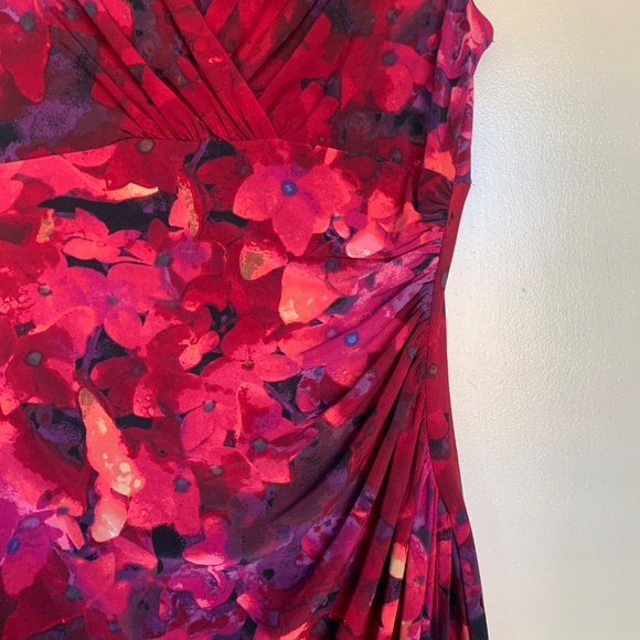 Lauren Ralph Lauren Opera Red Floral Ruched Dress Sz.10 V- neck Cross Over Knit - Picture 5 of 15